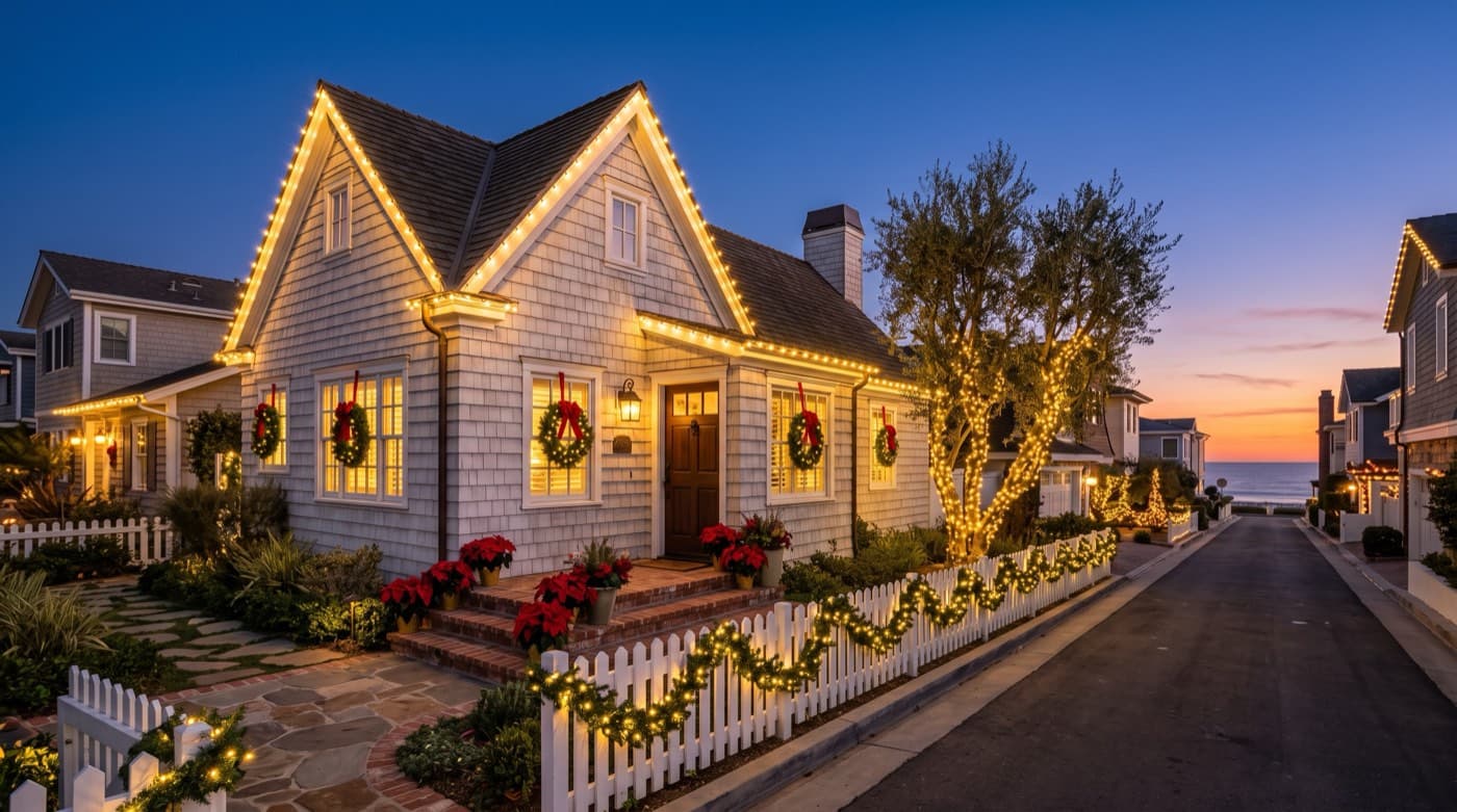 Coastal cottage outlined in warm holiday lights with garland and poinsettias at sunset