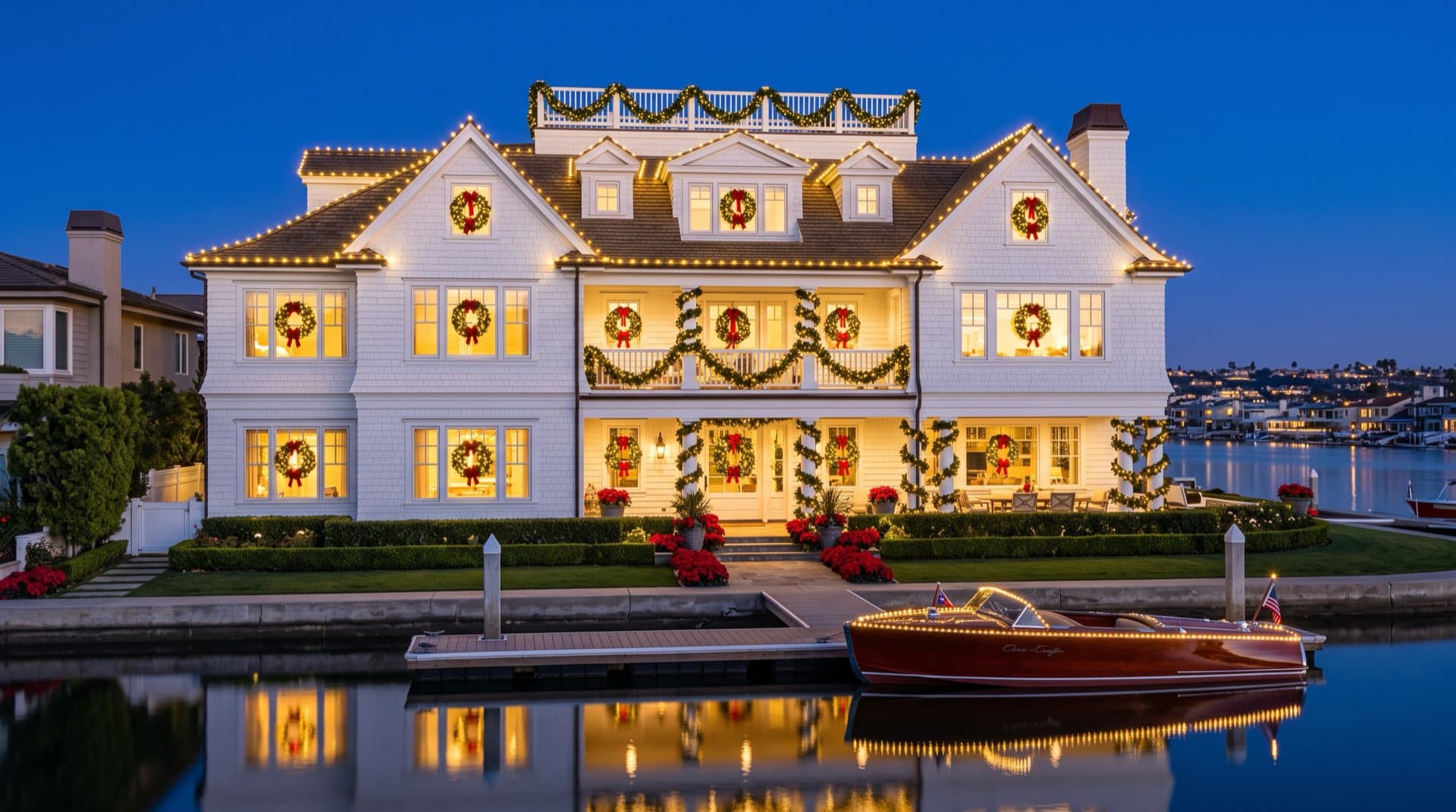 A waterfront Newport Beach estate outlined in warm white holiday lights, wreaths on every window, at twilight