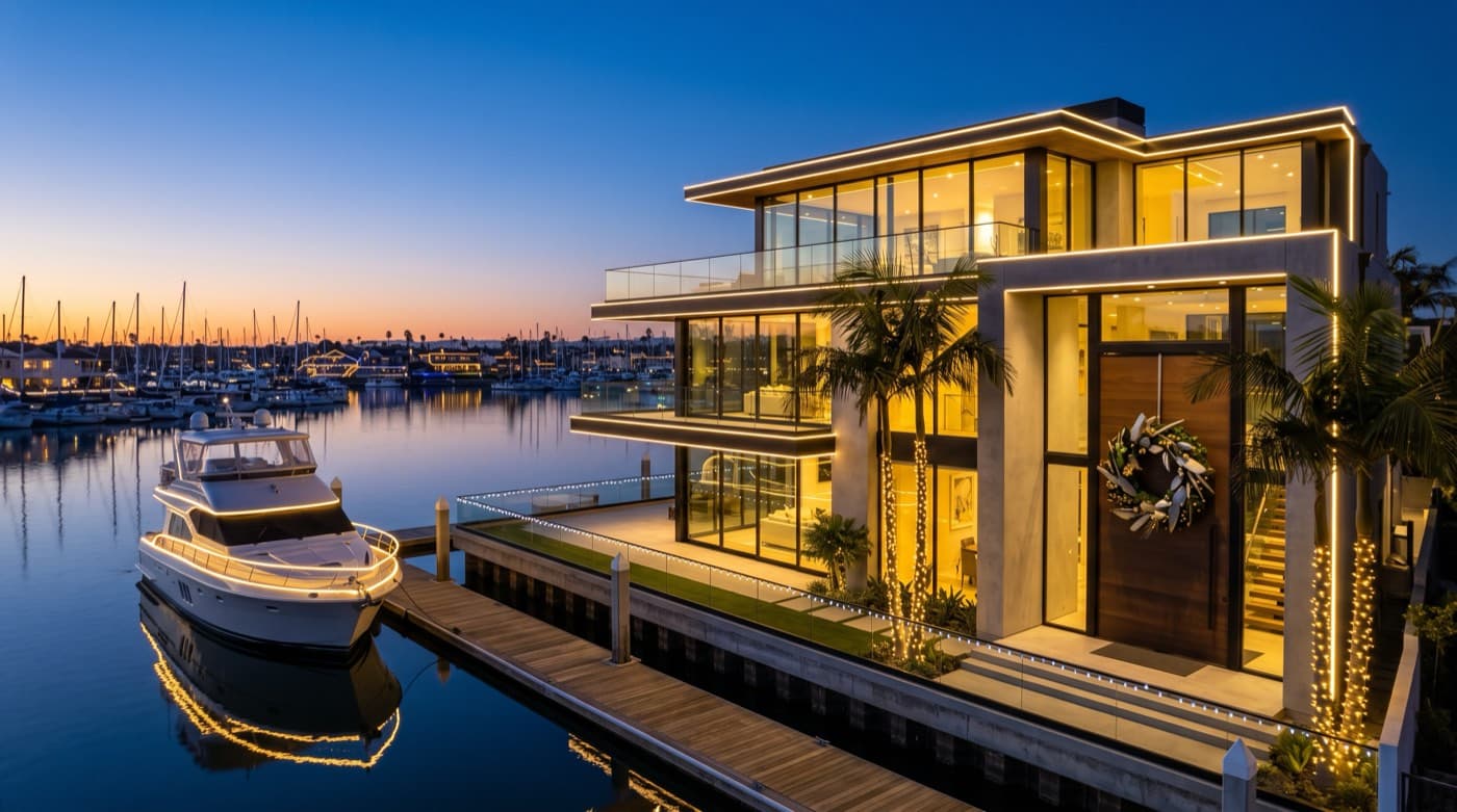Contemporary glass home on the marina with rooftop lighting and a wreath at the entry, boat docked alongside