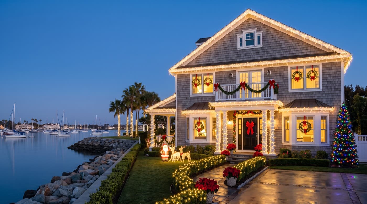 Two-story shingle style harbor home wrapped in holiday lights with wreaths, garland, and a Santa and reindeer display