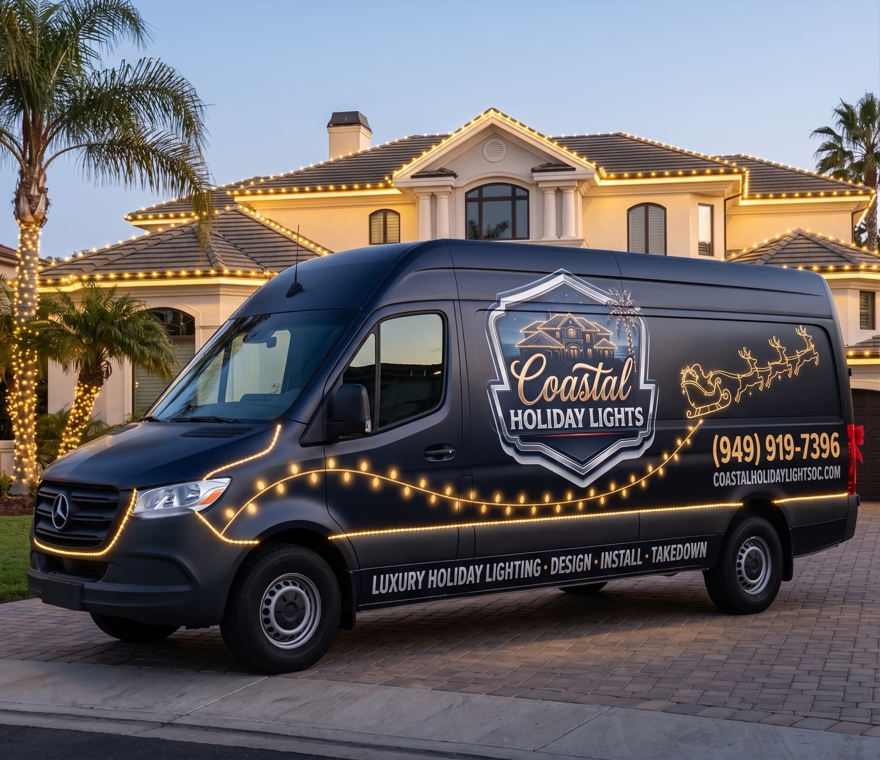 The Coastal Holiday Lights branded service van parked beside a fully lit Newport Coast estate at dusk